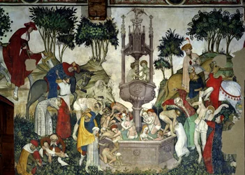 Pramen života, detail lidí přicházejících a koupajících se v prameni, 1418-30